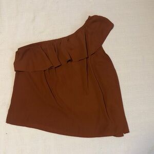 Eloquii One-Shoulder Ruffle Blouse in Brown